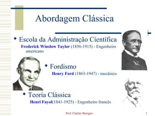 Prof. Charles Benigno 1
Abordagem Clássica
 Escola da Administração Científica
Frederick Winslow Taylor (1856-1915) - Engenheiro
americano
 Teoria Clássica
Henri Fayol(1841-1925) - Engenheiro francês
 Fordismo
Henry Ford (1863-1947) - mecânico
 