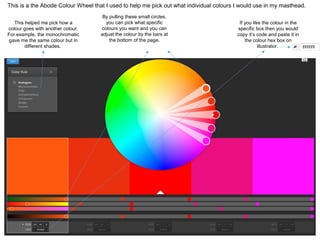 This is a the Abode Colour Wheel that I used to help me pick out what individual colours I would use in my masthead.
This helped me pick how a
colour goes with another colour.
For example, the monochromatic
gave me the same colour but in
different shades.
If you like the colour in the
specific box then you would
copy it’s code and paste it in
the colour hex box on
illustrator.
By pulling these small circles,
you can pick what specific
colours you want and you can
adjust the colour by the bars at
the bottom of the page.
 