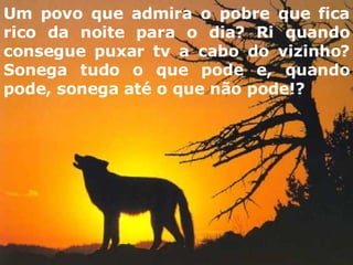 Um povo que admira o pobre que fica rico da noite para o dia? Ri quando consegue puxar tv a cabo do vizinho? Sonega tudo o que pode e, quando pode, sonega até o que não pode!? 