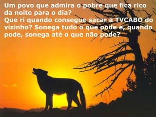 Um povo que admira o pobre que fica rico da noite para o dia?  Que ri quando consegue sacar a TVCABO do vizinho? Sonega tudo o que pode e, quando pode, sonega até o que não pode? 