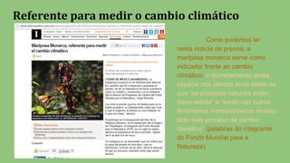 Referente para medir o cambio climático
Como podemos ler
nesta noticia de prensa, a
mariposa monarca serve como
indicador fronte ao cambio
climático: o decrecemento desta
especie nos últimos anos alerta de
que “os procesos naturais estén
baixo estrés” e “xunto con outros
fenómenos meteorolóxicos revelen
todo este proceso de cambio
climático” (palabras do integrante
do Fondo Mundial para a
Natureza).
 