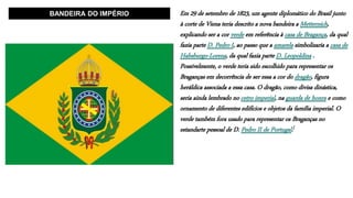 Em 29 de setembro de 1823, um agente diplomático do Brasil junto
à corte de Viena teria descrito a nova bandeira a Metternich,
explicando ser a cor verde em referência à casa de Bragança, da qual
fazia parte D. Pedro I, ao passo que a amarela simbolizaria a casa de
Habsburgo-Lorena, da qual fazia parte D. Leopoldina .
Possivelmente, o verde teria sido escolhido para representar os
Braganças em decorrência de ser essa a cor do dragão, figura
heráldica associada a essa casa. O dragão, como divisa dinástica,
seria ainda lembrado no cetro imperial, na guarda de honra e como
ornamento de diferentes edifícios e objetos da família imperial. O
verde também fora usado para representar os Braganças no
estandarte pessoal de D. Pedro II de Portugal.[
BANDEIRA DO IMPÉRIO
 