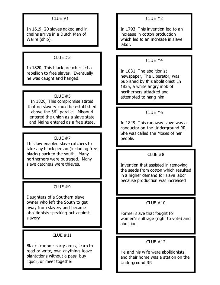 Abolitionist Ambition Clue and Picture Cards