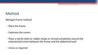 Method
Weingart frame method
• Place the frame
• Exteriose the rumen
• Place a sterile cloth or rubber drape or shroud completely around the
exteriorised rumen between the frame and the abdominal wall
• Incise as required
 