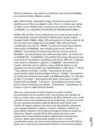 Mizraim.Caphtorim , descendência de Mizraim, associated with Caphtor ,
provavelmente Creta , Chipre ou ambos.

phut , filho de Ham. Autoridades antigas são bastante universais na
identificação de Phut com Libyans ( Lebu e Pita ), os vizinhos mais antigo
do Egito a oeste. (Embora mais recentes teorias tentaram conectar Phut
com fenícia , ou o atualmente não identificado Land de erro na saída .)

Canaã , filho de Ham. Isso é conhecido por ser o nome de uma nação e a
quem liquidada a margem Oriental do Mediterrâneo em que é agora
chamado Israel e Líbano . Sídon , filho primogênito de Canaã e nome de um
dos city-states mais antigos da Costa fenícia . heth , filho de Canaã,
considerado o ancestral de " Hititas ", um povo de Canaã, possivelmente
relacionada com Hattusas , uma entidade poderosa na Anatólia. "o
Jebusita ", descendentes de Canaã, uma tribo que vivia em torno de
Jerusalém , que anteriormente era conhecido como Jebus , de acordo com
os Livros de reis . "os Amoritas ", descendentes de Canaã, uma pessoas que
vivem entre os rios Eufrates a Jordânia e pelo menos 2000 A.C., conhecido
como Amurru a Akkadians e egípcios. "o Girgasite ", descendentes de
Canaã, conhecido como os egípcios, como o Kirkash. Sugere-se eles
liquidada Leste do rio Jordão entre Lake Kinneret e o Mar Morto. "o Hivite
", descendentes de Canaã ."o Arkite ", descendentes de Canaã,
provavelmente cidade-Estado de Arqa na fenícia. "o Sinite ", descendentes
de Canaã, possivelmente relacionada com Wilderness of Sin , ou o Rio Sinn
na Síria. "o Arvadite ", descendentes de Canaã, remete para a cidade-
Estado fenícia de Arwad . "o Zemarite ", descendentes de Canaã, remete
para a cidade-Estado fenícia de Zemar . "o Hamathite ", descendentes de
Canaã, se refere à cidade Síria de Ḩamāh .

Africanos, assim, foram anciently entende-se os filhos de Ham,
particularmente seu descendente Cush, como Cushites são referidas em
toda a escritura como sendo os habitantes da África Oriental e eles e ainda
o Iorubá rastrear sua ascendência através de Ham hoje. A partir do século
IX com a grammarian judaica Judá ibn Quraysh, uma relação entre
Cushitic de línguas semíticas e foi vista; estas duas famílias, juntamente
com os grupos linguísticos egípcias , berbere , tchádicas e Omotic na
maior família linguística afro-asiáticas de grupo de linguistas modernas.
Além disso, línguas a metade Sul da África agora são vistas como
pertencentes a várias famílias distintas independentes do grupo afro-
                                                                              94




asiáticas. Alguns agora descartados Hamitic teorias se tornam
consideradas racista; em especial uma teoria proposto no século XIX por
                                                                              Página




Speke, que os tutsis foram supostamente Hamitic e assim intrinsecamente
 