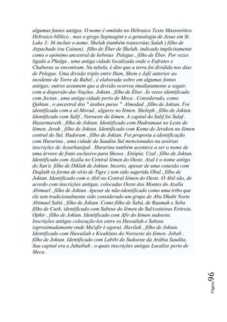algumas fontes antigas. O nome é omitido no Hebraico Texto Massorético
Hebraico bíblico , mas o grego Septuagint e a genealogia de Jesus em St.
Luke 3: 36 incluir o nome. Shelah (também transcritas Salah ) filho de
Arpachade (ou Cainan). filho de Éber de Shelah, indicado implicitamente
como o epónimo ancestral de hebreus Pelegue , filho de Éber. Por vezes
ligado a Phalgu , uma antiga cidade localizada onde o Eufrates e
Chaboras se encontram. Na tabela, é dito que a terra foi dividida nos dias
de Pelegue. Uma divisão triplo entre Ham, Shem e Jafé anterior ao
incidente de Torre de Babel , é elaborada sobre em algumas fontes
antigas; outros assumem que a divisão ocorreu imediatamente a seguir,
com a dispersão das Nações. Joktan , filho de Éber. Às vezes identificado
com Jectan , uma antiga cidade perto de Meca . Considerado, como
Qahtan , o ancestral dos " árabes puras " Almodad , filho de Joktan. Foi
identificada com a al-Morad , algures no Iémen. Sheleph , filho de Joktan.
Identificado com Salif , Noroeste do Iémen. A capital do Salif foi Sulaf .
Hazarmaveth , filho de Joktan. Identificado com Hadramaut no Leste do
Iémen. Jerah , filho de Joktan. Identificado com Kome de Jerakon no Iémen
central do Sul. Hadoram , filho de Joktan. Foi proposta a identificação
com Hurarina , uma cidade da Saudita Sul mencionados na assírias
inscrições de Assurbanípal . Hurarina também acontece a ser o nome de
uma árvore de fruto exclusivo para Shewa , Etiópia. Uzal , filho de Joktan.
Identificado com Azalla no Central Iémen do Oeste. Azal é o nome antigo
do San'a filho de Diklah de Joktan. Incerto, apesar de uma conexão com
Deqlath (a forma de sírio de Tigre ) tem sido sugerida Obal , filho de
Joktan. Identificado com o Abil no Central Iémen do Oeste. O Abil são, de
acordo com inscrições antigas, colocadas Oeste dos Montes do Azalla
Abimael , filho de Joktan. Apesar de não-identificado como uma tribo que
ele tem tradicionalmente sido considerado um grupo de Abu Dhabi Norte
Abimael Sabá , filho de Joktan. Como filho de Sabá, de Raamah e Seba
filho de Cush, identificado com Sabeus do Iémen do Sul/costeiras Eritreia.
Ophir , filho de Joktan. Identificado com Afir do Iémen sudoeste.
Inscrições antigas colocação-los entre os Huwailah e Sabeus
(aproximadamente onde Ma'afir é agora) .Havilah , filho de Joktan.
Identificado com Huwailah e Kwahlans do Noroeste do Iémen. Jobab ,
filho de Joktan. Identificado com Labibi do Sudoeste da Arábia Saudita.
Sua capital era a Juhaibab , o quais inscrições antigas Localize perto de
Meca .
                                                                              96
                                                                              Página
 