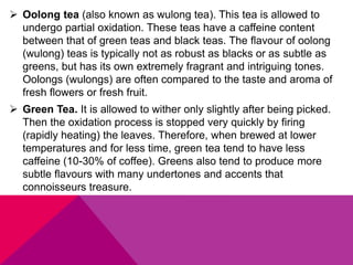  Oolong tea (also known as wulong tea). This tea is allowed to
undergo partial oxidation. These teas have a caffeine content
between that of green teas and black teas. The flavour of oolong
(wulong) teas is typically not as robust as blacks or as subtle as
greens, but has its own extremely fragrant and intriguing tones.
Oolongs (wulongs) are often compared to the taste and aroma of
fresh flowers or fresh fruit.
 Green Tea. It is allowed to wither only slightly after being picked.
Then the oxidation process is stopped very quickly by firing
(rapidly heating) the leaves. Therefore, when brewed at lower
temperatures and for less time, green tea tend to have less
caffeine (10-30% of coffee). Greens also tend to produce more
subtle flavours with many undertones and accents that
connoisseurs treasure.
 