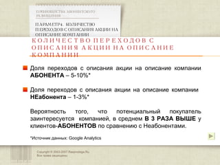 Copyright © 2003-2007 Rasprodaga.Ru.  Все права защищены. ПАРАМЕТР 4. КОЛИЧЕСТВО ПЕРЕХОДОВ С ОПИСАНИЯ АКЦИИ НА ОПИСАНИЕ КОМПАНИИ  ПРЕИМУЩЕСТВА АБОНЕНТСКОГО РАЗМЕЩЕНИЯ  КОЛИЧЕСТВО ПЕРЕХОДОВ С ОПИСАНИЯ АКЦИИ НА ОПИСАНИЕ КОМПАНИИ Доля переходов с описания акции на описание компании  АБОНЕНТА  – 5-10% * Доля переходов с описания акции на описание компании  НЕабонента  – 1-3% * Вероятность того, что потенциальный покупатель заинтересуется  компанией, в среднем  В 3 РАЗА ВЫШЕ  у клиентов- АБОНЕНТОВ  по сравнению с Неабонентами. * Источник данных:  Google Analytics 