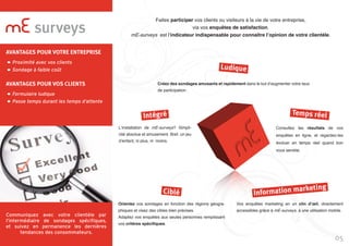 surveys
Communiquez avec votre clientèle par
l’intermédiaire de sondages spécifiques,
et suivez en permanence les dernières
tendances des consommateurs.
Faites participer vos clients ou visiteurs à la vie de votre entreprise,
via vos enquêtes de satisfaction.
mE-surveys est l’indicateur indispensable pour connaître l’opinion de votre clientèle.
Créez des sondages amusants et rapidement dans le but d’augmenter votre taux
de participation.
L’installation de mE-surveys? Simpli-
cité absolue et amusement. Bref, un jeu
d’enfant, ni plus, ni moins.
Consultez les résultats de vos
enquêtes en ligne, et regardez-les
évoluer en temps réel quand bon
vous semble.
Orientez vos sondages en fonction des régions géogra-
phiques et visez des cibles bien précises.
Adaptez vos enquêtes aux seules personnes remplissant
vos critères spécifiques.
Vos enquêtes marketing en un clin d’œil, directement
accessibles grâce à mE-surveys. à une utilisation mobile.
Ludique
Intégré Temps réel
Ciblé Information marketing
AVANTAGES POUR VOTRE ENTREPRISE
Proximité avec vos clients
Sondage à faible coût
AVANTAGES POUR VOS CLIENTS
Formulaire ludique
Passe temps durant les temps d’attente
05
 
