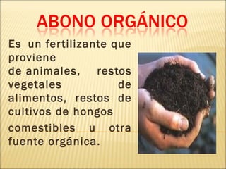Es un fertilizante que
proviene
de animales, restos
vegetales de
alimentos, restos de
cultivos de hongos 
comestibles u otra
fuente orgánica.
 