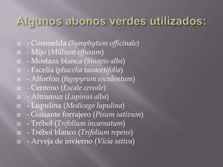   - Consuelda (Symphytum officinale)
   - Mijo (Millium effusum)
   - Mostaza blanca (Sinapis alba)
   - Facelia (phacelia tanacetifolia)
   - Alforfón (fagopyrum esculentum)
   - Centeno (Escale cereale)
   - Altramuz (Lupinus alba)
   - Lupulina (Medicago lupulina)
   - Guisante forrajero (Pisum sativum)
   - Trébol (Trifolium incarnatum)
   - Trébol blanco (Trifolium repens)
   - Arveja de invierno (Vicia sativa)
 