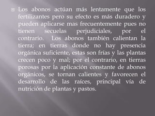    Los abonos actúan más lentamente que los
    fertilizantes pero su efecto es más duradero y
    pueden aplicarse mas frecuentemente pues no
    tienen     secuelas    perjudiciales,    por    el
    contrario. Los abonos también calientan la
    tierra; en tierras donde no hay presencia
    orgánica suficiente, estas son frías y las plantas
    crecen poco y mal; por el contrario, en tierras
    porosas por la aplicación constante de abonos
    orgánicos, se tornan calientes y favorecen el
    desarrollo de las raíces, principal vía de
    nutrición de plantas y pastos.
 