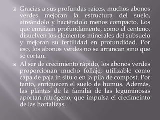    Gracias a sus profundas raíces, muchos abonos
    verdes mejoran la estructura del suelo,
    aireándolo y haciéndolo menos compacto. Los
    que enraizan profundamente, como el centeno,
    disuelven los elementos minerales del subsuelo
    y mejoran su fertilidad en profundidad. Por
    eso, los abonos verdes no se arrancan sino que
    se cortan.
   Al ser de crecimiento rápido, los abonos verdes
    proporcionan mucho follaje, utilizable como
    capa de paja in situ o en la pila de compost. Por
    tanto, enriquecen el suelo de humus. Además,
    las plantas de la familia de las leguminosas
    aportan nitrógeno, que impulsa el crecimeinto
    de las hortalizas.
 