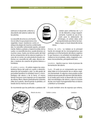 estimula el desarrollo uniforme y
abundante del sistema radical de
las plantas.
La cascarilla de arroz es una fuente
rica en sílice lo que proporciona a los
vegetales mayor resistencia contra el
ataque de plagas de insectos y enfermeda-
des; la cascarilla carbonizada aporta, principal-
mente, fósforo y potasio y mejora la acidez de los
suelos. La cascarilla de arroz, puede alcanzar, en
muchos casos, hasta una tercera parte del total
de los componentes de los abonos orgánicos. En
caso de no contar con este producto puede sus-
tituirse con cascarilla de café, paja, abonos ver-
des o residuos de cosecha de granos básicos u
hortalizas.
El carbón o ceniza.- El carbón mejora las carac-
terísticas físicas del suelo en cuanto a aireación,
absorción de humedad y calor. Su alto grado de
porosidad beneficia la actividad macro y micro-
biológica del abono y de la tierra; al mismo
tiempo funciona como esponja con la capacidad
de retener, filtrar y liberar gradualmente nutrientes
útiles de la planta, disminuyendo la pérdida y el
lavado de los mismos en el suelo.
Se recomienda que las partículas o pedazos del
carbón sean uniformes de 1 y 2
cm de diámetro y largo respecti-
vamente. Cuando se usa el bo-
cashi para la elaboración de
almácigos, el carbón debe estar
semipulverizado para llenar las ban-
dejas y lograr un buen desarrollo de las
raíces.
Melaza de caña.- La melaza es la principal
fuente de energía de los microorganismos que
participan en la fermentación del abono orgánico
lo que favorece a la actividad microbiológica. La
melaza es rica en potasio, calcio, magnesio y con-
tiene micronutrientes, principalmente boro.
Levadura.- Aporta a que se inicie el proceso de
fermentación del abono.
Suelo.- El suelo es un componente que nunca
debe faltar en la formulación de un abono orgá-
nico fermentado. En algunos casos puede ocupar
hasta la tercera parte del volumen total del abono.
Es el medio para iniciar el desarrollo de la activi-
dad microbiológica del abono y tiene la función
de dar una mayor homogeneidad física al abono
y distribuir su humedad.
El suelo también sirve de esponja que retiene,
Abonos orgánicos, protegen el suelo y garantizan alimentación sana
9
Melaza
Afrecho de arroz Carbón o ceniza Levadura
 