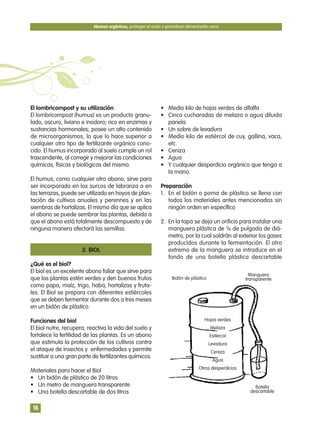 El lombricompost y su utilización
El lombricompost (humus) es un producto granu-
lado, oscuro, liviano e inodoro; rico en enzimas y
sustancias hormonales; posee un alto contenido
de microorganismos, lo que lo hace superior a
cualquier otro tipo de fertilizante orgánico cono-
cido. El humus incorporado al suelo cumple un rol
trascendente, al corregir y mejorar las condiciones
químicas, físicas y biológicas del mismo.
El humus, como cualquier otro abono, sirve para
ser incorporado en los surcos de labranza o en
las terrazas, puede ser utilizado en hoyos de plan-
tación de cultivos anuales y perennes y en las
siembras de hortalizas. El mismo día que se aplica
el abono se puede sembrar las plantas, debido a
que el abono está totalmente descompuesto y de
ninguna manera afectará las semillas.
3. BIOL
¿Qué es el biol?
El biol es un excelente abono foliar que sirve para
que las plantas estén verdes y den buenos frutos
como papa, maíz, trigo, haba, hortalizas y fruta-
les. El Biol se prepara con diferentes estiércoles
que se deben fermentar durante dos a tres meses
en un bidón de plástico.
Funciones del biol
El biol nutre, recupera, reactiva la vida del suelo y
fortalece la fertilidad de las plantas. Es un abono
que estimula la protección de los cultivos contra
el ataque de insectos y enfermedades y permite
sustituir a una gran parte de fertilizantes químicos.
Materiales para hacer el Biol
• Un bidón de plástico de 20 litros
• Un metro de manguera transparente
• Una botella descartable de dos litros
• Medio kilo de hojas verdes de alfalfa
• Cinco cucharadas de melaza o agua diluida
panela.
• Un sobre de levadura
• Medio kilo de estiércol de cuy, gallina, vaca,
etc.
• Ceniza
• Agua
• Y cualquier desperdicio orgánico que tenga a
la mano.
Preparación
1. En el bidón o poma de plástico se llena con
todos los materiales antes mencionados sin
ningún orden en específico
2. En la tapa se deja un orificio para instalar una
manguera plástica de ¼ de pulgada de diá-
metro, por la cual saldrán al exterior los gases
producidos durante la fermentación. El otro
extremo de la manguera se introduce en el
fondo de una botella plástica descartable
Abonos orgánicos, protegen el suelo y garantizan alimentación sana
16
Bidón de plástico
Hojas verdes
Melaza
Estiércol
Levadura
Ceniza
Agua
Otros desperdicios
Botella
descartable
Manguera
transparente
 
