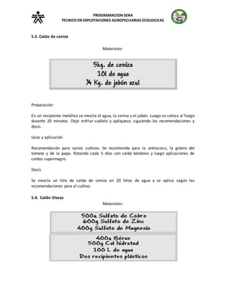 PROGRAMACION SENA
TECNICO EN EXPLOTACIONES AGROPECUARIAS ECOLOGICAS
5.3. Caldo de ceniza
Materiales:
Preparación:
En un recipiente metálico se mezcla el agua, la ceniza y el jabón. Luego se coloca al fuego
durante 20 minutos. Deje enfriar cuélelo y aplíquese, siguiendo las recomendaciones y
dosis.
Usos y aplicación
Recomendación para varios cultivos: Se recomienda para la antracosis, la gotera del
tomate y de la papa. Rotando cada 5 días con caldo bórdeles y luego aplicaciones de
caldos supermagro.
Dosis
Se mezcla un litro de caldo de ceniza en 20 litros de agua y se aplica según las
recomendaciones para el cultivo.
5.4. Caldo Visosa
Materiales:
 