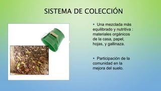SISTEMA DE COLECCIÓN
 Una mezclada más
equilibrado y nutritiva :
materiales orgánicos
de la casa, papel,
hojas, y gallinaza.
 Participación de la
comunidad en la
mejora del suelo.
 