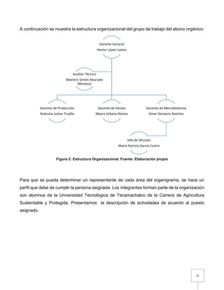 15
A continuación se muestra la estructura organizacional del grupo de trabajo del abono orgánico:
Figura 2: Estructura Organizacional. Fuente: Elaboración propia
Para que se pueda determinar un representante de cada área del organigrama, se hace un
perfil que debe de cumplir la persona asignada. Los integrantes forman parte de la organización
son alumnos de la Universidad Tecnológica de Tecamachalco de la Carrera de Agricultura
Sustentable y Protegida. Presentamos la descripción de actividades de acuerdo al puesto
asignado.
Gerente General
Hector López Juárez
Gerente de Producción
Rubicela Juárez Trujillo
Gerente de Ventas
Mayra Urbano Ramos
Gerente de Mercadotecnia
Omar Gervacio Ramírez
Jefe de Difusión
María Patricia García Castro
Auxiliar Técnico
Maestro Simón Alvarado
Mendoza
 