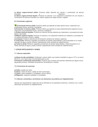 a) Abono organo-mineral sólido. Producto sólido obtenido por mezcla o combinación de abonos
minerales                          y                             orgánicos.
b) Abono organo-mineral líquido. Producto en solución o en suspensión procedente de una mezcla o
combinación de abonos minerales con materia orgánica de origen animal o vegetal.

6.3. Enmiendas orgánicas


    a) Enmienda húmica sólida. Producto sólido que aplicado al suelo aporta humus, mejorando sus
propiedades físicas, químicas y biológicas.
b) Enmienda no húmica sólida. Producto dólido que aplicado al suelo preferentemente engendra humus,
mejorando sus propiedades físicas, químicas y biológicas.
c) Ácidos húmicos líquidos. Producto en solución acuosa obtenido por tratamiento o procesado de turba,
lignito o leonardita.
d) Materia orgánica líquida. Producto en solución o en suspensión obtenido por trataiento o procesado de
un material de origen animal o vegetal.
e) Compost. Producto obtenido por fermentación aeróbica de residuos orgánicos.
f) Turba ácida. Residuos vegetales procedentes de plantas desarrolladas y descompuestas en un medio
saturado de agua y puede contener originalmente cierta cantidad de material terroso.
g) Turba no ácida. Residuos vegetales procedentes de plantas desarrolladas y descompuestas en un
medio saturado de agua y puede contener originalmente cierta cantidad de material terroso.

7. OTROS FERTILIZANTES Y AFINES

7.1. Abonos especiales

a) Abono de alta solubilidad. Fertilizante o abono sólido cuyo residuo insoluble en agua a 15 ºC, es menor
del 0,5 %, a la mayor dosis recomendada para su uso.
b) Producto conteniendo aminoácidos. Producto que incorpora aminoácidos obtenidos por alguno de los
siguientes procesos: hidr4ólisis de proteínas, fermentación o síntesis.

7.2. Correctores de carencias

a) Cobre: acetato de cobre.
b) Hierro: citrato de hierro, sulfato de hierro amoniacal.
c) Calcio: calcio quelatado o complejado, cloruro cálcico.
d) Magnesio: magnesio quelatado o complejado.

7.3. Abonos, enmiendas y correctores con elementos secundarios y/o oligoelementos

Abonos que respondiendo a algún tipo de los definidos en los apartados anteriores, contienen uno o varios
elementos secundarios y/u oligoelementos.
 