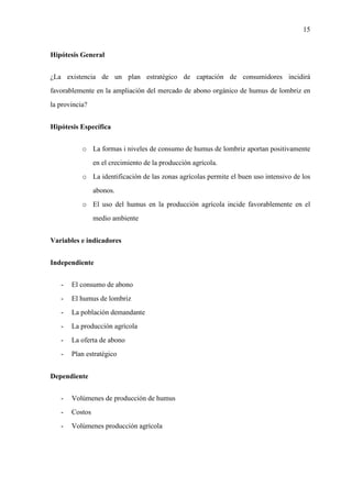 15
Hipótesis General
¿La existencia de un plan estratégico de captación de consumidores incidirá
favorablemente en la ampliación del mercado de abono orgánico de humus de lombriz en
la provincia?
Hipótesis Específica
o La formas i niveles de consumo de humus de lombriz aportan positivamente
en el crecimiento de la producción agrícola.
o La identificación de las zonas agrícolas permite el buen uso intensivo de los
abonos.
o El uso del humus en la producción agrícola incide favorablemente en el
medio ambiente
Variables e indicadores
Independiente
- El consumo de abono
- El humus de lombriz
- La población demandante
- La producción agrícola
- La oferta de abono
- Plan estratégico
Dependiente
- Volúmenes de producción de humus
- Costos
- Volúmenes producción agrícola
 