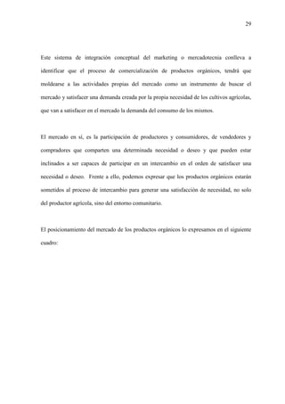29
Este sistema de integración conceptual del marketing o mercadotecnia conlleva a
identificar que el proceso de comercialización de productos orgánicos, tendrá que
moldearse a las actividades propias del mercado como un instrumento de buscar el
mercado y satisfacer una demanda creada por la propia necesidad de los cultivos agrícolas,
que van a satisfacer en el mercado la demanda del consumo de los mismos.
El mercado en sí, es la participación de productores y consumidores, de vendedores y
compradores que comparten una determinada necesidad o deseo y que pueden estar
inclinados a ser capaces de participar en un intercambio en el orden de satisfacer una
necesidad o deseo. Frente a ello, podemos expresar que los productos orgánicos estarán
sometidos al proceso de intercambio para generar una satisfacción de necesidad, no solo
del productor agrícola, sino del entorno comunitario.
El posicionamiento del mercado de los productos orgánicos lo expresamos en el siguiente
cuadro:
 