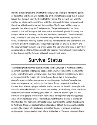 months old and that is the time that the joey will be too big to fit into the pouch
of its mother and then it will start to ride on their mothers back so that it can eat
leaves that they get from the trees that they climb. The joey will stay with the
mother for six or twelve months or until they are ready to leave the pouch and
then they will ride on the back of their mother. The females will be ready to
reproductive when they are 5 to6 years old. The gestation period for these
animals is due to 230 days or in 8 months the females will give birth to only one
baby at a time and it is very rare for the females to have twins. The mother will
only take care of one baby and the other baby will be abandoned by another
koala. The females will only live the bloat in a very short time and the females will
normally give birth in seclusion. The gestation period for a koala is 34 days and
the they will reach maturity in 2 or in 3 years. The size when the koala is born they
can grow about .015 to. 035 ounces (0.4 to 1 gram). The males will reach maturity
in 3 or 4 years and the females will reach maturity in 2 years.
Survival Status
The most highest mammal extinction rate can be very high in Australia and this
continent has more endangered species than anywhere else in the world. In the
earlier years there were so many koalas that have become extinct in some parts
of the continent the reason why these koalas do not live in these parts of
Australia anymore is because people are cutting down the koala’s eucalyptus
trees so that people can make room for farms. Today the people that live in
Eastern Australia are trying to help the koalas that can be found in some places in
Australia where koalas will cross roads so that they can reach any places that have
water in it and that have really good trees to. There are a lot of signs that will
normally warn people to watch out from koalas when people are driving across
areas where koalas can cross. The most greatest threat to a koala is the loss of
their habitat. This has been a threat to koalas ever since the settlers first became
to Australia. There are koalas that have lost about 80% of their natural habitat to
people . The reason why koalas are losing their homes is because people are
cutting down the eucalyptus trees where koalas live in. They are being cut down
 