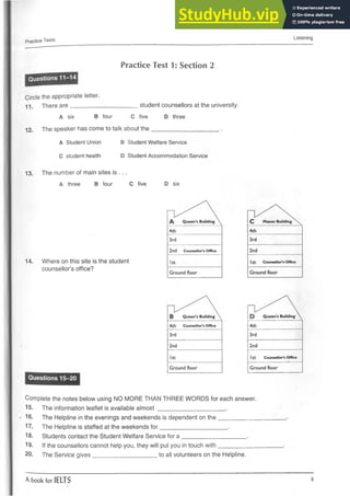 Practice Tests
Listening
Practice Test 1: Section 2
Circle the appropriate letter.
1 1 . There are_________
_________________ student counsellors at the university.
A six B four C five D three
12. The speaker has come to talk about the____________________ .
A Student Union B Student Welfare Service
C student health D Student Accommodation Service
13. The number of main sites is . ..
A three B four C five D six
14. Where on this site is the student
counsellor’s office?
Questions 15-20
Complete the notes below using NO MORE THAN THREE WORDS for each answer.
15. The information leaflet is available alm ost____________________ .
16. The Helpline in the evenings and weekends is dependent on the____________
17. The Helpline is staffed at the weekends fo r____________________ .
18. Students contact the Student Welfare Service for a ___________________ .
19. If the counsellors cannot help you, they will put you in touch with____________
20. The Service gives____________________to all volunteers on the Helpline.
A book for IELTS 5
 