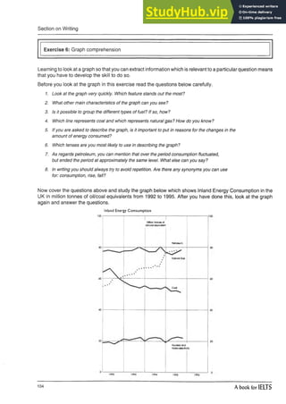 Section on Writing
Exercise 6: Graph comprehension
Learning to look at a graph so that you can extract information which is relevant to a particular question means
that you have to develop the skill to do so.
Before you look at the graph in this exercise read the questions below carefully.
1. Look at the graph very quickly. Which feature stands out the most?
2. What other main characteristics of the graph can you see?
3. Is it possible to group the different types of fuel? If so, how?
4. Which line represents coal and which represents natural gas? How do you know?
5. If you are asked to describe the graph, is it important to put in reasons for the changes in the
amount of energy consumed?
6. Which tenses are you most likely to use in describing the graph?
7. As regards petroleum, you can mention that over the period consumption fluctuated,
but ended the period at approximately the same level. What else can you say?
8. In writing you should always try to avoid repetition. Are there any synonyms you can use
for: consumption, rise, fall?
Now cover the questions above and study the graph below which shows Inland Energy Consumption in the
UK in million tonnes of oil/coal equivalents from 1992 to 1995. After you have done this, look at the graph
again and answer the questions.
Inland Energy Comsumption
104 A book for IELTS
 
