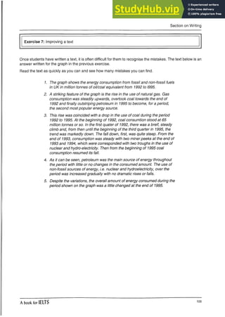 Section on Writing
Exercise 7: Improving a text
Once students have written a text, it is often difficult for them to recognise the mistakes. The text below is an
answer written for the graph in the previous exercise.
Read the text as quickly as you can and see how many mistakes you can find.
1. The graph shows the energy consumption from fossil and non-fossil fuels
in UK in million tonnes of oil/coal equivalent from 1992 to 1995.
2. A striking feature of the graph is the rise in the use of natural gas. Gas
consumption was steadily upwards, overtook coal towards the end of
1992 and finally outstriping petroleum in 1995 to become, fora period,
the second most popular energy source.
3. This rise was coincided with a drop in the use of coal during the period
1992 to 1995. At the beginning of 1992, coal consumtion stood at 65
million tonnes or so. In the first quater of 1992, there was a breif, steady
climb and, from then until the beginning of the third quarter in 1995, the
trend was markedly down. The fall down, first, was quite steep. From the
end of 1993, consumption was steady with two miner peeks at the end of
1993 and 1994, which were corresponded with two troughs in the use of
nuclear and hydro-electricity. Then from the beginning of 1995 coal
consumption resumed its fall.
4. As it can be seen, petroleum was the main source of energy throughout
the period with little or no changes in the consumed amount. The use of
non-fossil sources of energy, i.e. nuclear and hydroelectricity, over the
period was increased gradually with no dramatic rises or falls.
5. Despite the variations, the overall amount of energy consumed during the
period shown on the graph was a little changed at the end of 1995.
A book for IELTS 105
 