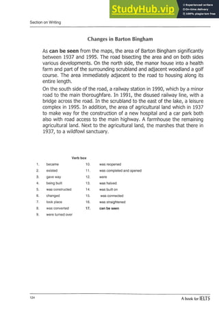 Section on Writing
Changes in Barton Bingham
As can be seen from the maps, the area of Barton Bingham significantly
between 1937 and 1995. The road bisecting the area and on both sides
various developments. On the north side, the manor house into a health
farm and part of the surrounding scrubland and adjacent woodland a golf
course. The area immediately adjacent to the road to housing along its
entire length.
On the south side of the road, a railway station in 1990, which by a minor
road to the main thoroughfare. In 1991, the disused railway line, with a
bridge across the road. In the scrubland to the east of the lake, a leisure
complex in 1995. In addition, the area of agricultural land which in 1937
to make way for the construction of a new hospital and a car park both
also with road access to the main highway. A farmhouse the remaining
agricultural land. Next to the agricultural land, the marshes that there in
1937, to a wildfowl sanctuary.
Verb box
1. became 10. was reopened
2. existed 11. was completed and opened
3. gave way 12. were
4. being built 13. was halved
5. was constructed 14. was built on
6. changed 15. was connected
7. took place 16. was straightened
8. was converted 17. can be seen
9. were turned over
124
A book for IELTS
 