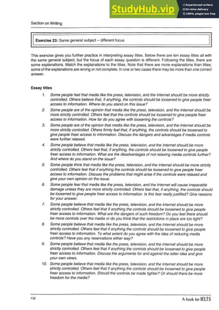 Section on Writing
Exercise 23: Same general subject - different focus
This exercise gives you further practice in interpreting essay titles. Below there are ten essay titles all with
the same general subject, but the focus of each essay question is different. Following the titles, there are
some explanations. Match the explanations to the titles. Note that there are more explanations than titles;
some of the explanations are wrong or not complete. In one or two cases there may be more than one correct
answer.
Essay titles
1. Some people feel that media like the press, television, and the Internet should be more strictly
controlled. Others believe that, if anything, the controls should be loosened to give people freer
access to information. Where do you stand on this issue?
2. Some people are of the opinion that media like the press, television, and the Internet should be
more strictly controlled. Others feel that the controls should be loosened to give people freer
access to information. How far do you agree with loosening the controls?
3. Some people are of the opinion that media like the press, television, and the Internet should be
more strictly controlled. Others firmly feel that, if anything, the controls should be loosened to
give people freer access to information. Discuss the dangers and advantages if media controls
were further relaxed.
4. Some people believe that media like the press, television, and the Internet should be more
strictly controlled. Others feel that, if anything, the controls should be loosened to give people
freer access to information. What are the disadvantages of not relaxing media controls further?
And where do you stand on the issue?
5. Some people think that media like the press, television, and the Internet should be more strictly
controlled. Others feel that if anything the controls should be loosened to give people freer
access to information. Discuss the problems that might arise if the controls were relaxed and
give your own opinion on the issue.
6. Some people fear that media like the press, television, and the Internet will cause irreparable
damage unless they are more strictly controlled. Others feel that, if anything, the controls should
be loosened to give people freer access to information. Is this fear reallyjustified? Give reasons
for your answer.
7. Some people believe that media like the press, television, and the Internet should be more
strictly controlled. Others feel that if anything the controls should be loosened to give people
freer access to information. What are the dangers of such freedom? Do you feel there should
be more controls over the media or do you think that the restrictions in place are too tight?
8. Some people believe that media like the press, television, and the Internet should be more
strictly controlled. Others feel that if anything the controls should be loosened to give people
freer access to information. To what extent do you agree with the idea of reducing media
controls? Have you any reservations either way?
9. Some people believe that media like the press, television, and the Internet should be more
strictly controlled. Others feel that if anything the controls should be loosened to give people
freer access to information. Discuss the arguments for and against the latter idea and give
your own views.
10. Some people believe that media like the press, television, and the Internet should be more
strictly controlled. Others feel that if anything the controls should be loosened to give people
freer access to information. Should the controls be made tighter? Or should there be more
freedom for the media?
132
A book for IELTS
 
