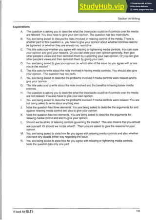 Section on Writing
Explanations
A. The question is asking you to describe what the drawbacks could be if controls over the media
are relaxed. You also have to give your own opinion. The question has two main parts.
B. You are being asked to discuss the risks involved in relaxing control of the media. There is
another part to this question i.e. you have to give your opinion about whether controls need to
be tightened or whether they are already too restrictive.
C. This title asks you whether you agree with relaxing or tightening media controls. You can state
your opinion and give your reasons. Or you can state your own opinion generally, then give
other people’s views and then demolish them by supporting your own opinion. Or you can give
other people’s views and then demolish them by giving your own.
D. You are being asked to give your opinion i.e. which side of the issue do you agree with or are
you in the middle?
E. This title asks to write about the risks involved in having media controls. You should also give
your opinion. The question has two parts.
F. You are being asked to describe the problems involved if media controls were relaxed and to
give your opinion.
G. This title asks you to write about the risks involved and the benefits in having looser media
controls.
H. The question is asking you to describe what the drawbacks could be if controls over the media
are not relaxed. You also have to give your own opinion.
I. You are being asked to describe the problems involved if media controls were relaxed. You are
not being asked to write about anything else.
J. Note the question has three elements. You are being asked to describe the arguments for and
against relaxing media control and also to give your opinion.
K. Note the question has two elements. You are being asked to describe the arguments for
relaxing media control and also to give your opinion.
L. Should we be afraid of relaxing controls governing the media? This also means that you should
ask yourself: Or should we not be afraid? Then you are asked to give the reasons for your
opinion.
M. You are being asked to state how far you agree with relaxing media controls and also whether
you have any doubts either way regarding the issue.
N. You are being asked to state how far you agree with relaxing or tightening media controls.
Note the question has only one part.
A book for IELTS 133
 