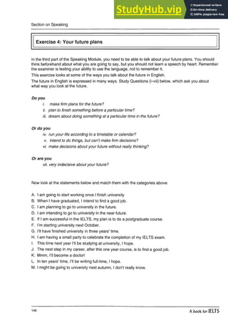 Section on Speaking
Exercise 4: Your future plans
In the third part of the Speaking Module, you need to be able to talk about your future plans. You should
think beforehand about what you are going to say, but you should not learn a speech by heart. Remember
the examiner is testing your ability to use the language, not to remember it.
This exercise looks at some of the ways you talk about the future in English.
The future in English is expressed in many ways. Study Questions (i-vii) below, which ask you about
what way you look at the future.
Do you
i. make firm plans for the future?
ii. plan to finish something before a particular time?
iii. dream about doing something at a particular time in the future?
Or do you
iv. run your life according to a timetable or calendar?
v. intend to do things, but can’t make firm decisions?
vi. make decisions about your future without really thinking?
Or are you
vii. very indecisive about your future?
Now look at the statements below and match them with the categories above.
A. I am going to start working once I finish university
B. When I have graduated, I intend to find a good job.
C. I am planning to go to university in the future.
D. I am intending to go to university in the near future.
E. If I am successful in the IELTS, my plan is to do a postgraduate course.
F. I’m starting university next October.
G. I’ll have finished university in three years’ time.
H. I am having a small party to celebrate the completion of my IELTS exam.
I. This time next year I’ll be studying at university, I hope.
J. The next step in my career, after this one year course, is to find a good job.
K. Mmm, I’ll become a doctor!
L. In ten years’ time, I’ll be writing full-time, I hope.
M. I might be going to university next autumn, I don’t really know.
148 A book for IELTS
 