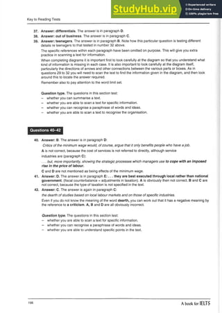 Key to Reading Tests
37. Answer: differentials. The answer is in paragraph D.
38. Answer: out of business. The answer is in paragraph C.
39. Answer: teenagers. The answer is in paragraph B. Note how this particular question is testing different
details re teenagers to that tested in number 32 above.
The specific references within each paragraph have been omitted on purpose. This will give you extra
practice in scanning a text for information.
When completing diagrams it is important first to look carefully at the diagram so that you understand what
kind of information is missing in each case. It is also important to look carefully at the diagram itself,
particularly the directions of arrows and other connections between the various parts or boxes. As in
questions 29 to 32 you will need to scan the text to find the information given in the diagram, and then look
around this to locate the answer required.
Remember also to pay attention to the word limit set.
Question type. The questions in this section test:
- whether you can summarise a text.
- whether you are able to scan a text for specific information.
- whether you can recognise a paraphrase of words and ideas.
- whether you are able to scan a text to recognise the organisation.
Questions 40-42
40. Answer: B. The answer is in paragraph D:
Critics of the minimum wage would, of course, argue that it only benefits people who have a job.
A is not correct, because the cost of services is not referred to directly, although service
industries are (paragraph C):
... but, more importantly, showing the strategic processes which managers use to cope with an imposed
rise in the price of labour.
C and D are not mentioned as being effects of the minimum wage.
41. Answer: D. The answer is in paragraph E:.. . they are best executed through local rather than national
government, (fiscal counterbalance = adjustments in taxation). A is obviously then not correct. B and C are
not correct, because the type of taxation is not specified in the text.
42. Answer: C. The answer is again in paragraph C:
the dearth of studies based on local labour markets and on those of specific industries.
Even if you do not know the meaning of the word dearth, you can work out that it has a negative meaning by
the reference to a criticism. A, B and D are all obviously incorrect.
Question type. The questions in this section test:
- whether you are able to scan a text for specific information.
- whether you can recognise a paraphrase of words and ideas.
- whether you are able to understand specific points in the text.
196 A book for IELTS
 
