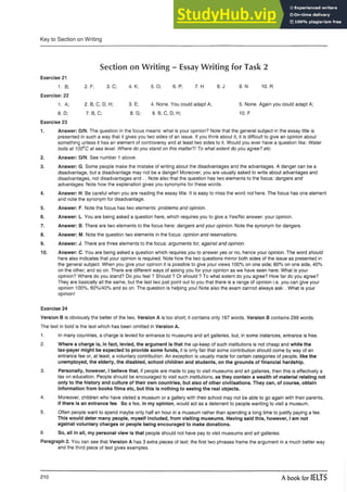 Key to Section on Writing
Section on Writing - Essay Writing for Task 2
Exercise 21
1. B; 2. F; 3. C; 4. K; 5.0; 6. P; 7. H 8. J 9. N 10. R
Exercise: 22
1. A; 2. B, C, D, H; 3. E; 4. None. You could adapt A; 5. None. Again you could adapt A;
6. D; 7. B, C; 8. G; 9. B, C, D, H; 10. F
Exercise 23
1. Answer: D/N. The question in the focus means: what is your opinion? Note that the general subject in the essay title is
presented in such a way that it gives you two sides of an issue. If you think about it, it is difficult to give an opinion about
something unless it has an element of controversy and at least two sides to it. Would you ever have a question like: Water
boils at 100?C at sea level. Where do you stand on this matter?/ To what extent do you agree? etc.
2. Answer: D/N. See number 1 above.
3. Answer: G. Some people make the mistake of writing about the disadvantages and the advantages. A danger can be a
disadvantage, but a disadvantage may not be a danger! Moreover, you are usually asked to write about advantages and
disadvantages, not disadvantages and .. Note also that the question has two elements to the focus: dangers and
advantages. Note how the explanation gives you synonyms for these words.
4. Answer: H. Be careful when you are reading the essay title. It is easy to miss the word not here. The focus has one element
and note the synonym for disadvantage.
5. Answer: F. Note the focus has two elements: problems and opinion.
6. Answer: L. You are being asked a question here, which requires you to give a Yes/No answer: your opinion.
7. Answer: B. There are two elements to the focus here: dangers and your opinion. Note the synonym for dangers.
8. Answer: M. Note the question two elements in the focus: opinion and reservations.
9. Answer: J. There are three elements to the focus: arguments for, against and opinion.
10. Answer: C. You are being asked a question which requires you to answer yes or no, hence your opinion. The word should
here also indicates that your opinion is required. Note how the two questions mirror both sides of the issue as presented in
the general subject. When you give your opinion it is possible to give your views 100% on one side; 60% on one side, 40%
on the other; and so on. There are different ways of asking you for your opinion as we have seen here: What is your
opinion? Where do you stand? Do you feel ? Should ? Or should ? To what extent do you agree? How far do you agree?
They are basically all the same, but the last two just point out to you that there is a range of opinion i.e. you can give your
opinion 100%, 60%/40% and so on. The question is helping you! Note also the exam cannot always ask:. What is your
opinion!
Exercise 24
Version B is obviously the better of the two. Version A is too short; it contains only 167 words. Version B contains 299 words.
The text in bold is the text which has been omitted in Version A.
1. In many countries, a charge is levied for entrance to museums and art galleries, but, in some instances, entrance is free.
2. Where a charge is, in fact, levied, the argument is that the up-keep of such institutions is not cheap and while the
tax-payer might be expected to provide some funds, it is only fair that some contribution should come by way of an
entrance fee or, at least, a voluntary contribution. An exception is usually made for certain categories of people, like the
unemployed, the elderly, the disabled, school children and students, on the grounds of financial hardship.
3. Personally, however, I believe that, if people are made to pay to visit museums and art galleries, then this is effectively a
tax on education. People should be encouraged to visit such institutions, as they contain a wealth of material relating not
only to the history and culture of their own countries, but also of other civilisations. They can, of course, obtain
information from books films etc, but this is nothing to seeing the real objects.
4. Moreover, children who have visited a museum or a gallery with their school may not be able to go again with their parents,
if there is an entrance fee. So a fee, in my opinion, would act as a deterrent to people wanting to visit a museum.
5. Often people want to spend maybe only half an hour in a museum rather than spending a long time to justify paying a fee.
This would deter many people, myself included, from visiting museums. Having said this, however, I am not
against voluntary charges or people being encouraged to make donations.
6. So, all in all, my personal view is that people should not have pay to visit museums and art galleries.
Paragraph 2. You can see that Version A has 3 extra pieces of text: the first two phrases frame the argument in a much better way
and the third piece of text gives examples.
210 A book for IELTS
 