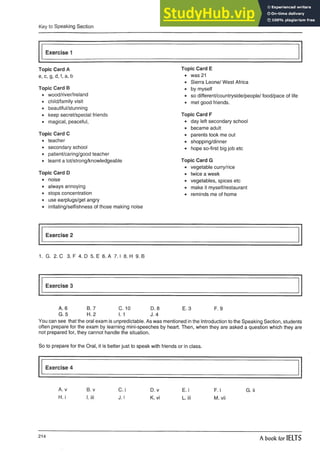Key to Speaking Section
Exercise 1
Topic Card A
e, c, g, d, f, a, b
Topic Card B
• wood/river/lreland
• child/family visit
• beautiful/stunning
• keep secret/special friends
• magical, peaceful,
Topic Card C
• teacher
• secondary school
• patient/caring/good teacher
• learnt a lot/strong/knowledgeable
Topic Card D
• noise
• always annoying
• stops concentration
• use earplugs/get angry
• irritating/selfishness of those making noise
Topic Card E
• was 21
• Sierra Leone/ West Africa
• by myself
• so different/countryside/people/ food/pace of life
• met good friends.
Topic Card F
• day left secondary school
• became adult
• parents took me out
• shopping/dinner
• hope so-first big job etc
Topic Card G
• vegetable curry/rice
• twice a week
• vegetables, spices etc
• make it myself/restaurant
• reminds me of home
Exercise 2
1. G. 2. C 3. F 4. D 5. E 6. A 7. I 8. H 9. B
Exercise 3
A. 6 B. 7 C. 10 D. 8 E. 3F.9
G. 5 H. 2 1.1 J. 4
You can see that the oral exam is unpredictable. As was mentioned in the Introduction to the Speaking Section, students
often prepare for the exam by learning mini-speeches by heart. Then, when they are asked a question which they are
not prepared for, they cannot handle the situation.
So to prepare for the Oral, it is better just to speak with friends or in class.
Exercise 4
A. v
H. i
B. v C. i
J. i
D. v
K. vi
E. i
L. iii
F. i
M. vii
G. ii
214
A book for IELTS
 