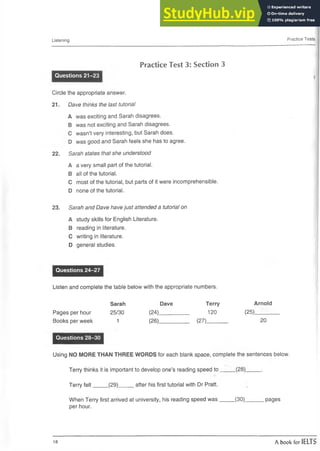 Listening Practice Tests
Practice Test 3: Section 3
t
Circle the appropriate answer.
21. Dave thinks the last tutorial
A was exciting and Sarah disagrees.
B was not exciting and Sarah disagrees.
C wasn’t very interesting, but Sarah does.
D was good and Sarah feels she has to agree.
22. Sarah states that she understood
A a very small part of the tutorial.
B all of the tutorial.
C most of the tutorial, but parts ofit were incomprehensible.
D none of the tutorial.
23. Sarah and Dave have just attended a tutorial on
A study skills for English Literature.
B reading in literature.
C writing in literature.
D general studies.
Questions 24-27
Listen and complete the table below with the appropriate numbers.
Sarah Dave Terry Arnold
Pages per hour 25/30 (24)__________ 120 (25)______
Books per week 1 (26)__________ (27)_______ 20
Questions 28-30
Using NO MORE THAN THREE WORDS for each blank space, complete the sentences below.
Terry thinks it is important to develop one’s reading speed to _____(28)_____ .
Terry felt_____(29)_____ after his first tutorial with Dr Pratt.
When Terry first arrived at university, his reading speed was_____ (30)______ pages
per hour.
Questions 21-23
18 A book for IELTS
 