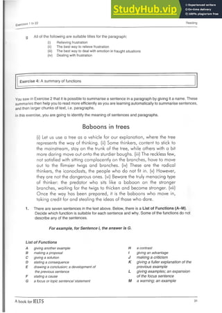 Exercises 1 to 22 Reading
g All of the following are suitable titles for the paragraph:
(i) Relieving frustration
(ii) The best way to relieve frustration
(iii) The best way to deal with emotion in fraught situations
(iv) Dealing with frustration
Exercise 4: A summary of functions
You saw in Exercise 2 that it is possible to summarise a sentence in a paragraph by giving it a name. These
summaries then help you to read more efficiently as you are learning automatically to summarise sentences,
and then larger chunks of text, i.e. paragraphs.
In this exercise, you are going to identify the meaning of sentences and paragraphs.
Baboons in trees
(i) Let us use a tree as a vehicle for our explanation, where the tree
represents the way of thinking, (ii) Some thinkers, content to stick to
the mainstream, stay on the trunk of the tree, while others with a bit
more daring move out onto the sturdier boughs, (iii) The reckless few,
not satisfied with sitting complacently on the branches, have to move
out to the flimsier twigs and branches, (iv) These are the radical
thinkers, the iconoclasts, the people who do not fit in. (v) However,
they are not the dangerous ones, (vi) Beware the truly menacing type
of thinker: the predator who sits like a baboon on the stronger
branches, waiting for the twigs to thicken and become stronger, (vii)
Once the way has been prepared, it is the baboons who move in,
taking credit for and stealing the ideas of those who dare.
1. There are seven sentences in the text above. Below, there is a List of Functions (A-M).
Decide which function is suitable for each sentence and why. Some of the functions do not
describe any of the sentences.
For example, for Sentence i, the answer is G.
List of Functions
A giving another example H a contrast
B making a proposal 1 giving an advantage
C giving a solution J making a criticism
D stating a consequence K giving a fuller explanation of the
E drawing a conclusion; a development of previous example
the previous sentence L giving examples; an expansion
F stating a cause of the focus sentence
G a focus or topic sentence/statement M a warning; an example
A book for IELTS 31
 