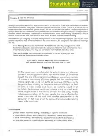 Reading Exercises 1 to 22
Exercise 8: Spot the difference
When you are reading a text about a particular subject, it is often difficult to see what the difference is between
the contents of different paragraphs. There are basically two reasons for this. First of all, it may be difficult
to see the difference between the general subject and the focus in each paragraph. The second problem is
trying to read a text with concentration and prevent one’s mind from wandering from the focus of the paragraph
to related ideas in one’s head. This can lead to misinterpretation. When we are writing, we often find it difficult
to focus on the title we have been asked to write about. A similar problem arises in reading.
In this exercise, you are going to analyse the organisation of two very similar paragraphs. Each has the same
general subject and most of the information is the same. However, the paragraphs have different meanings
and foci.
Read Passage 1 below and then from the Function bank after the passage decide which
functions best describe each sentence in the paragraph. Note that each sentence may have
more than one function. You may use some items from the bank more than once.
Then read Passage 2 and compare the organisation of the text at paragraph level.
Decide what the similarities and differences are.
If you need to, read the Key to help you do the exercise,
then leave the exercise for a while and come back to it later.
Passage 1
(1) The government recently invited the water industry and interested
parties to make suggestions about how to save water. (2) Debatable
though it is, one of the most common ideas put forward was to meter
all homes in the country. (3) Many people feel that installing water
meters nationwide would turn out to be expensive. (4) However, the
longer the delay in doing so, the greater the cost is likely to be, both
in terms of water wasted and money. (5) Metering would, in all
probability, be the single most important step, simply because it would
make people aware of the amount of water they are using, thereby
reducing consumption. (6) To many people, this course of action lets
water companies off the hook and transfers responsibility to the
consumer. (7) Yet, most are of the opinion that nationwide metering
needs to be introduced.
Function bank
giving a reason; a contrast; stating a probability; an objective conclusion;
a hypothetical implication; stating/describing a suggestion; making a suggestion;
a result; a reservation; a development; a focus sentence; a subjective conclusion;
an organising sentence; a real implication; expressing an opinion; stating a fact.
36
A book for IELTS
 