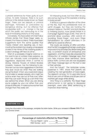 Test 1 Reading Tests
custodial sentences for those guilty of such
crimes, To date, however, there is no such
offence in the statute books known as 'Road
Rage'. There can be assaults or criminal
dam age, follow ed or preceded by
dangerous driving, but no offence that
incorporates both - a change in the law
which the public are clamouring for in the
face of increasing anarchy on the roads.
Conversely, the Association of Chief Police
Officers denies that 'Road Rage' exists; or,
indeed, that there isa trend. There have been
suggestions from the same quarter that
'media interest and reporting are, in fact,
creating the problem by causing unnecessary
anxiety in the minds of the motoring public in
a direct analogy with fear of crime'.
Most of us probably imagine violence on
the road to be an entirely male preserve, as
men are naturally more competitive and
aggressive, especially when it comes to
driving. Melanie Flowers of Oxford Brookes
University, however, has the following to say:
'Women can be more aggressive in cars than
they ever would be when they are walking
along the street. Infact, you could even argue
that smaller or weaker people, who might be
victims when they are out of their cars, often
feel they can even things up a bit when they
are behind the wheel. When you are driving
you're judged by your car rather than your
physical attributes. Itmakes some women feel
stronger than they really are'.
An interesting study, but how often do you
see women fighting at the roadside or kicking
in body panels?
If all this isa general reflection of the driver
of the 90s, then the professionals have an
uphill struggle. But they are tackling the
problem head on. The RAC and Auto Express,
a motoring journal, have joined forces in a
Campaign Against Rage (CAR). They aim to
promote driver courtesy, offer advice on
avoiding 'Road Rage', and even Rage
Rehabilitation for violent offenders in an
attempt to avoid re-offence.
The courts are looking at stiffer penalties.
And the RACissuggesting that sign-posting be
improved to tryand stop city drivers losing their
way, a constant source of annoyance and
aggression, and they have also proposed the
introduction of variable message signs that
can help improve driver behaviour. Some
police traffic control cars are now equipped
with these message signs on the roof or rear
of their vehicles,
And the future? The Autoclass survey,
published in 1997, shows that parents are
creating the next generation of road-ragers.
The research among 10-16 year-olds found
that 62 per cent of fathers and 55 per cent of
mothers get angry while driving.
One thing is a certainty: the Road Rage
phenomenon is not going to disappear
overnight, even after stiffer sentencing or
improved driver training.
QUESTIONS 16 & 17
Using the information in the passage, complete the table below. Write your answers in Boxes 16 & 17 on
your answer sheet.
Percentage of motorists affected by Road Rage
The Lex Report - up to _______ 16________ %
RAC Survey - up to _______ 17________ %
A book for IELTS 61
 