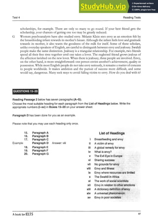 Test 4 Reading Tests
scholarships, for example. There are only so many to go round. If your best friend gets the
scholarship, your chances of getting one too may be greatly reduced.
G Western psychoanalysts have also studied envy. Melanie Klein sees envy as an emotion felt by
the breastfeeding infant towards its mother’s breast. Although the infant feels love and gratitude
towards its mother, it also wants the goodness of the milk for itself. Some of these scholars,
unlike everyday speakers of English, are careful to distinguish between envy and jealousy. Swahili
people make the same distinction. Jealousy is a triangular relationship. For example, two friends
spend all their free time together until one takes a lover. The neglected friend grows jealous of
the affection lavished on the new lover. When there is jealousy, three people are involved. Envy,
on the other hand, is more straightforward: one person envies another’s achievement, quality or
possession. While most English people do not take envy seriously, it remains a matter of concern
to people worldwide. It makes ambition and the pursuit of success more difficult, and some
would say, dangerous. Many seek ways to avoid falling victim to envy. How do you deal with it?
QUESTIONS 15-20
Reading Passage 2 below has seven paragraphs (A-G).
Choose the most suitable heading for each paragraph from the List of Headings below. Write the
appropriate numbers (i-xv) in Boxes 15-20 on your answer sheet.
Paragraph D has been done for you as an example.
Please note that you may use each heading only once.
Example
15. Paragraph A
16. Paragraph B
17. Paragraph C
Paragraph D
18. Paragraph E
19. Paragraph F
20. Paragraph G
Answer: viii
List of Headings
i Breastfeeding and envy
ii A victim of envy
iii A global remedy for envy
iv What is envy?
v The Evil Eye in Europe
vi Sharing success
vii No grounds for envy
viii Envy and illness
ix Envy where resources are limited
x The Swahili in Africa
xi The work of social scientists
xii Envy in relation to other emotions
xiii A dictionary definition of envy
xiv A universal phenomenon
xv Envy in poor societies
A book for IELTS 87
 