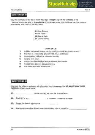 Reading Tests Test 4
QUESTIONS 21-24
Use the information in the text to match the people listed (21-24) with the Concepts (i-vii).
Write the appropriate letter in Boxes 21-24 on your answer sheet. Note that there are more concepts
than names, so you will not use all of them.
21. Brian Spooner
22. GM Foster
23. Melanie Klein
24. Atwood Gaines
CONCEPTS
i the idea that there is only so much good to go round in any one community
ii that there is a relationship between the Evil Eye and illness
iii the theory that the Evil Eye influences infertility
iv keeping envy at bay
V the concept of the Evil Eye being a universal phenomenon
vi the distinction between jealousy and envy
vii that babies envy their mothers’ milk
QUESTIONS 25-28
Complete the following sentences with information from the passage. Use NO MORE THAN THREE
WORDS to fill each blank space.
25. ___________________ people in society are often the victims of envy.
26. The Evil Eye is a ___________________ to those who come within its range.
27. Among the Swahili, boasting is a _____________________.
28. The Swahili on the East African coast often feel they have to conceal o r__________________
88
A book for IELTS
 