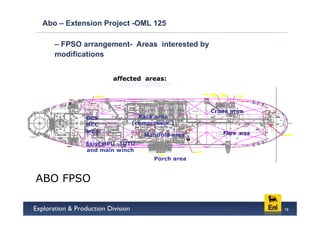 Abo – Extension Project -OML 125

   – FPSO arrangement- Areas interested by
   modifications


                   affected areas:




                                             Crane area
           DCS            Rack area
           MCC          (compressor )
           area                                 Flare area
                             Manifold area
           Exist HPU -TUTU
           and main winch
                                Porch area



ABO FPSO

                                                             18
 