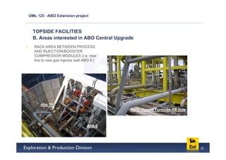 OML 125 -ABO Extension project



  TOPSIDE FACILITIES
  B. Areas interested in ABO Central Upgrade
  RACK AREA BETWEEN PROCESS
  AND INJECTION/BOOSTER
  COMPRESSOR MODULES (i.e. new
  line to new gas injector well ABO 9 )




     Abo 10
                                          Rack Xssing Foreside-Aft side



                                 Abo 9




                                                                          23
 