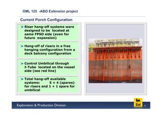 OML 125 -ABO Extension project

Current Porch Configuration
  Riser hang-off systems were
  designed to be located at
  same FPSO side (even for
  future expansion)

  Hang-off of risers in a free
  hanging configuration from a
  deck balcony configuration


  Control Umbilical through
  I-Tube located on the vessel
  side (see red line)

  Total hang-off available
  systems:       5 + 4 (spares)
  for risers and 1 + 1 spare for
  umbilical



                                   5
 
