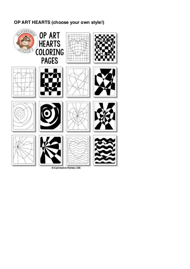Op art hearts coloring pages