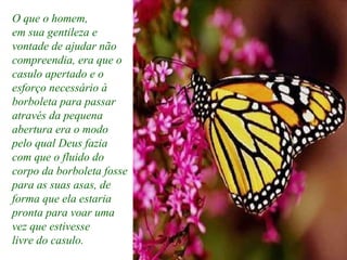 O que o homem,
em sua gentileza e
vontade de ajudar não
compreendia, era que o
casulo apertado e o
esforço necessário à
borboleta para passar
através da pequena
abertura era o modo
pelo qual Deus fazia
com que o fluido do
corpo da borboleta fosse
para as suas asas, de
forma que ela estaria
pronta para voar uma
vez que estivesse
livre do casulo.
 