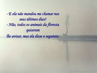 - E ela não mandou me chamar nos
         seus últimos dias?
- Não, todos os animais da floresta
              quiseram
lhe avisar, mas ela disse o seguinte:
 