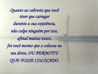 Quanto ao cabresto que você
      tiver que carregar
  durante a sua existência,
 não culpe ninguém por isso,
      afinal muitas vezes,
foi você mesmo que o colocou no
 seu dorso, OU PERMITIU
 QUE FOSSE COLOCADO.
 