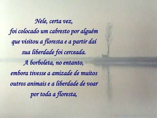 Nele, certa vez,
foi colocado um cabresto por alguém
 que visitou a floresta e a partir daí
    sua liberdade foi cerceada.
     A borboleta, no entanto,
embora tivesse a amizade de muitos
outros animais e a liberdade de voar
        por toda a floresta,
 